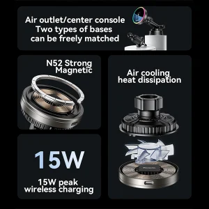 מטען אלחוטי לרכב 15W עם תאורת RGB, קירור מובנה וחיבור מגנטי | Yesido C315