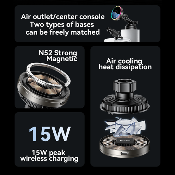 מטען אלחוטי לרכב 15W עם תאורת RGB, קירור מובנה וחיבור מגנטי | Yesido C315