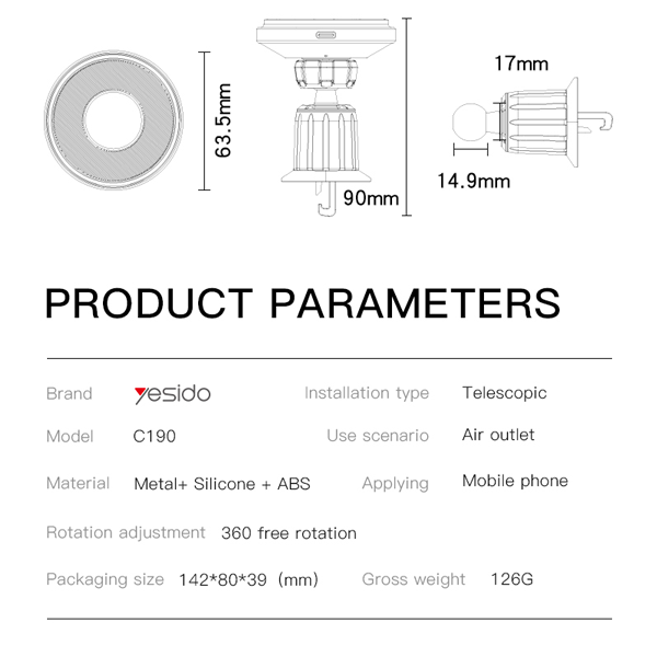 מעמד מגנטי לרכב 15W תומך MagSafe עם טעינה אלחוטית מהירה | Yesido C190