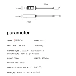 מתאם Otg מהיר 3 ב 1 עם חיבורי Type C, Usb ו Hdmi לנוחיות מקסימלית | Yesido Hb22 13