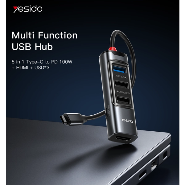 מתאם Otg מהיר 3 ב 1 עם חיבורי Type C, Usb ו Hdmi לנוחיות מקסימלית | Yesido Hb22 3