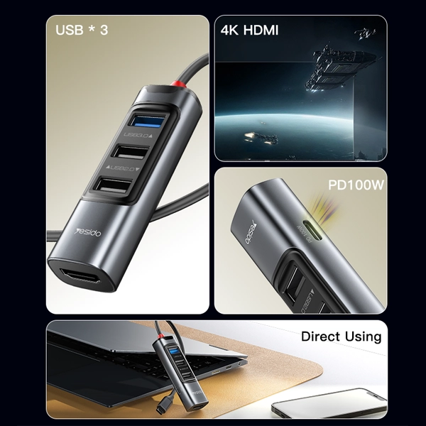 מתאם Otg מהיר 3 ב 1 עם חיבורי Type C, Usb ו Hdmi לנוחיות מקסימלית | Yesido Hb22 4