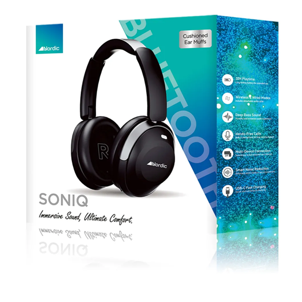 אוזניות קשת אלחוטיות SONIQ שחורות עם סאונד איכותי וחיי סוללה ארוכים | Nordic
