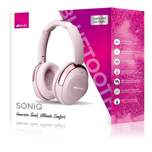 אוזניות קשת אלחוטיות ורודות עם סאונד איכותי וחיי סוללה ארוכים | Nordic SONIQ