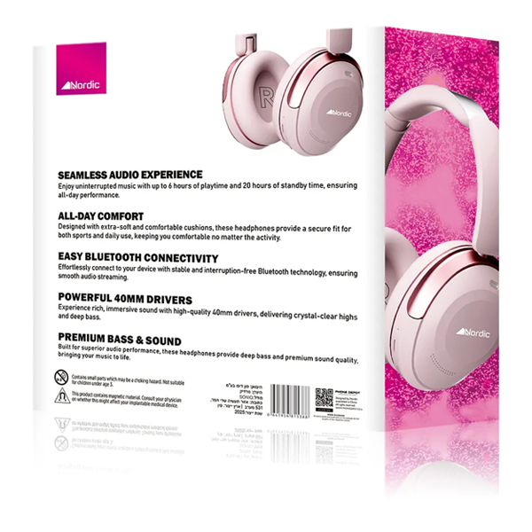 אוזניות קשת אלחוטיות ורודות עם סאונד איכותי וחיי סוללה ארוכים | Nordic SONIQ