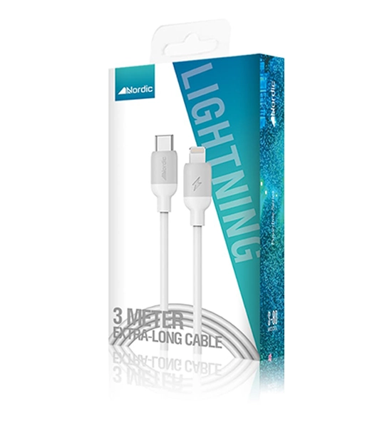 כבל USB-C ל-Lightning לבן 3 מטר 65W לטעינה בטוחה ומהירה | NORDIC