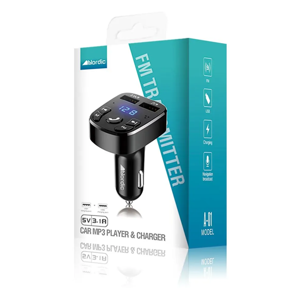 משדר לרכב Mp3 2.4a עם 2 חיבורי Usb A לטעינת טלפון ודיבורית לשיחות | Nordic A01 1