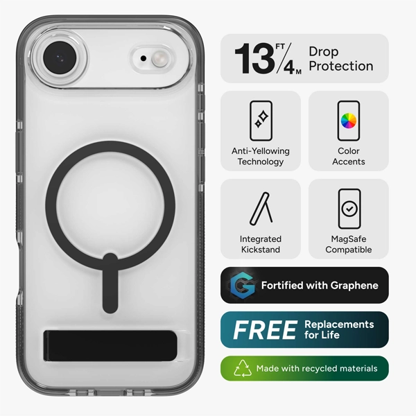 כיסוי לאייפון אייר שחור שקוף תומך Magsafe עם מעמד מובנה | Zagg Santa Cruz Snap 9