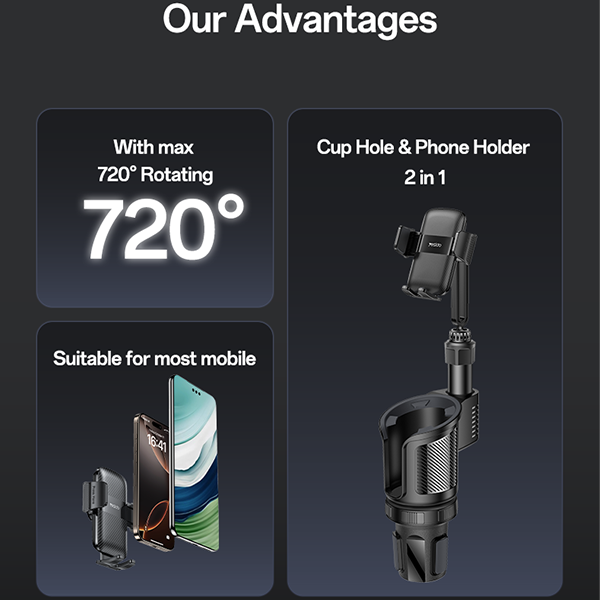 מחזיק כוס לרכב 2 ב-1 עם זרוע טלסקופית וראש מתכוונן 720° | Yesido C273