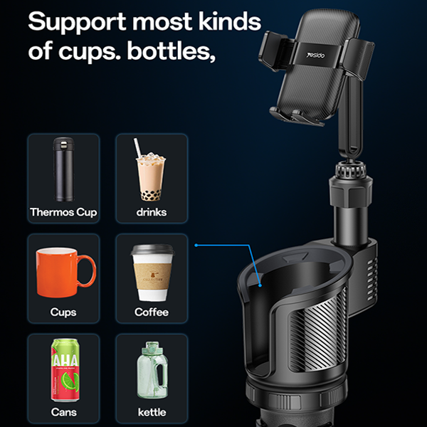 מחזיק כוס לרכב 2 ב-1 עם זרוע טלסקופית וראש מתכוונן 720° | Yesido C273