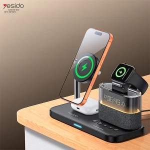 מטען אלחוטי 6 ב-1 25W לטעינת אייפון, שעון אפל ואוזניות עם שעון מעורר ותאורת לילה | Yesido DS37