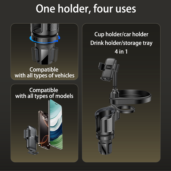 מתקן טלפון מסתובב לרכב עם מקום לכוסות, בקבוקי טרמוס ומגש מתקפל לנוחות מקסימלית | Yesido C274