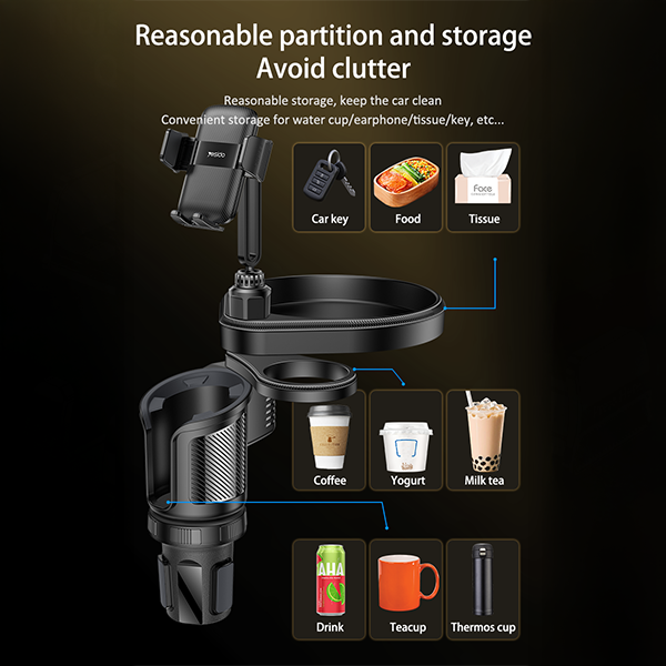 מתקן טלפון מסתובב לרכב עם מקום לכוסות, בקבוקי טרמוס ומגש מתקפל לנוחות מקסימלית | Yesido C274