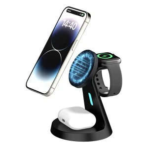 מטען אלחוטי מגנטי 3 ב-1 20W שחור לאייפון, שעון אפל ואוזניות עם טעינה מהירה, עיצוב עומד ותמיכה רחבה | Miracase MQMW600