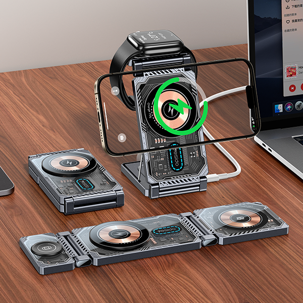 מטען אלחוטי מתקפל 22W לטעינת אייפון, שעון אפל ואיירפודס, תומך MagSafe ונוח לנשיאה | Yesido DS25