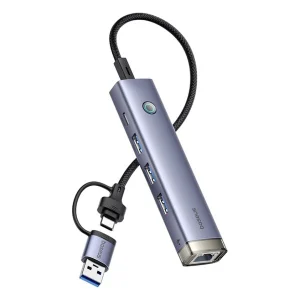 מפצל Usb עם 4 יציאות וכרטיס רשת אפור | Baseus Portaljoy Series 4 Port