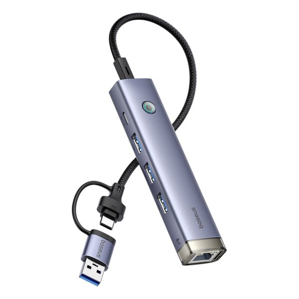 מפצל Usb עם 4 יציאות וכרטיס רשת אפור | Baseus Portaljoy Series 4 Port