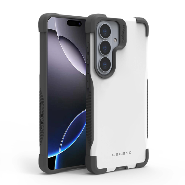 כיסוי מגן קשיח לגלקסי S26 פלוס לבן עם פינות בולמות זעזועים והגנה מלאה למצלמה | Gripcase Legend