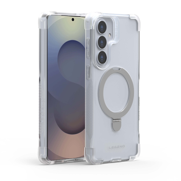 כיסוי מגן קשיח לגלקסי S26 פלוס תומך טעינה מגנטית שקוף אפור עם פינות בולמות זעזועים והגנה מלאה למצלמה | Gripcase Legend