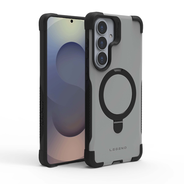 כיסוי מגן קשיח לגלקסי S26 תומך טעינה מגנטית אפור שחור עם פינות בולמות זעזועים והגנה מלאה למצלמה | Gripcase Legend