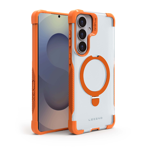 כיסוי מגן קשיח לגלקסי S26 תומך טעינה מגנטית כתום עם פינות בולמות זעזועים והגנה מלאה למצלמה | Gripcase Legend