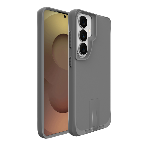 כיסוי פלסטיק לגלקסי S26 אפור עם רגלית מתכת וטעינה אלחוטית מובנית | Grip Case Matrix