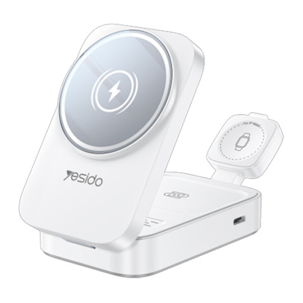 מטען אלחוטי 15w לבן לטעינת אייפון, Airpods ושעון מתקפל לשימוש ביתי | Yesido Ds27