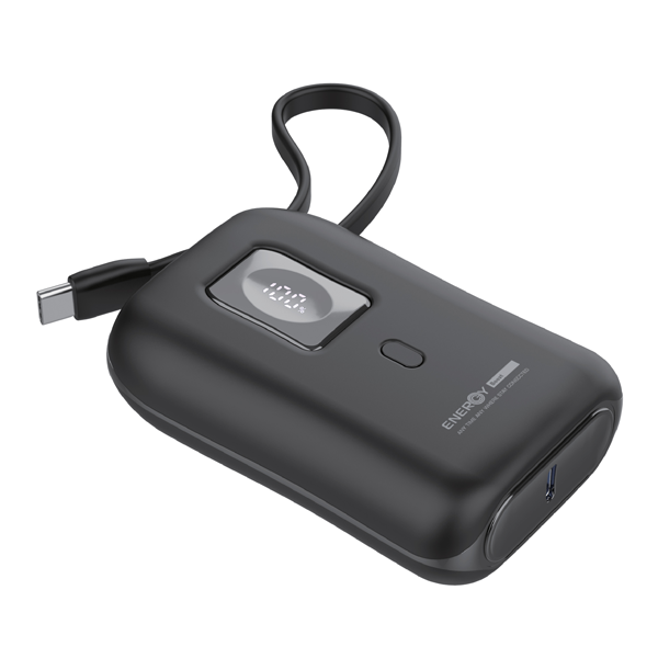 סוללת גיבוי שחורה 10000mah עם כבלים מובנים Type C & Lightning לחיבור מהיר | Energy E10kpd20