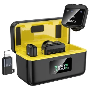 זוג מיקרופונים אלחוטיים שחורים עם סינון רעשים וחיבור Lightning ו Type C כפול | Hoco L17 Lavalier