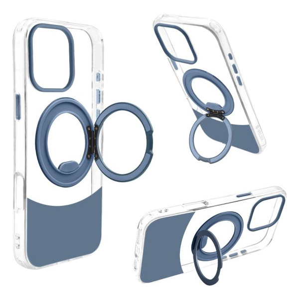 כיסוי מט לאייפון 16 פרו מקס שקוף וכחול עם סטנד Magsafe ומגן מצלמה | Velox Magring