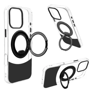 כיסוי מט לאייפון 16 פרו מקס שקוף ושחור עם סטנד Magsafe ומגן מצלמה | Velox Magring