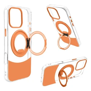 כיסוי מט לאייפון 16 פרו מקס שקוף וכתום עם סטנד Magsafe ומגן מצלמה | Velox Magring 5