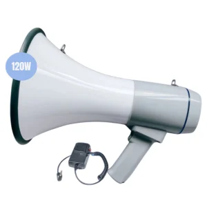 מגפון Bluetooth עוצמתי נטען בהספק 120w בצבע לבן אפור, כולל סירנה, פלאש ותמיכה בחיבור Usb וכרטיס Sd | מגפון עוצמתי במיוחד לשליטה בקהל גדול
