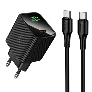 מטען קיר מהיר שחור 20w, קומפקטי תומך טעינה מהירה כולל כבל Type C ל Type Cאיכותי | Hoco Cs82a