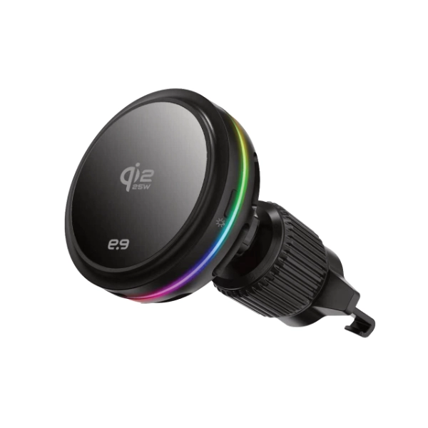 תושבת טעינה אלחוטית לרכב Qi2.2 25w | חיבור מגנטי, קירור אקטיבי, Rgb והתקנה לדשבורד או למזגן 1