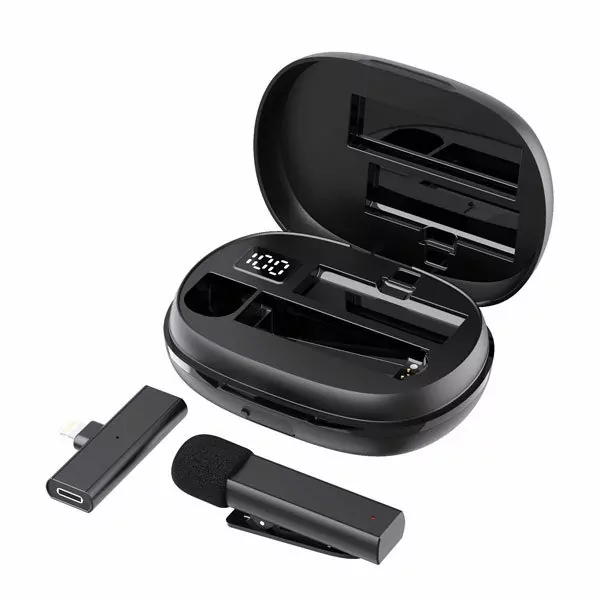 מיקרופון דש אלחוטי לאייפון עם קליפס לחולצה נטען עם כיסוי נשיאה