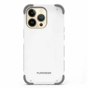 כיסוי לאייפון 14 פרו לבן חזק עם במפרים בולמי זעזועים PureGear DualTek