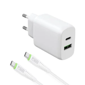 מטען קיר וכבל 1 מטר USB ו-Type-C הספק 25W לבן Power-Tech
