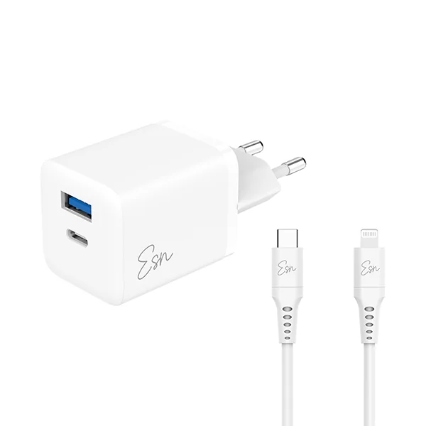 מטען קיר 43W עם 2 יציאות וכבל USB-C ל-Lightning מבית Essentials לבן